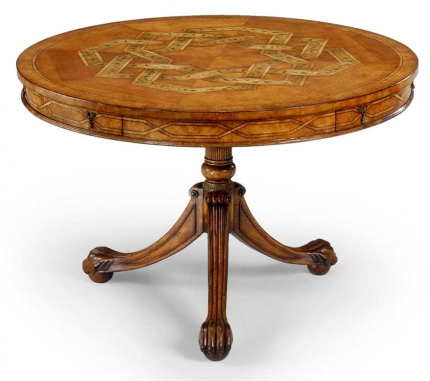 Foyer and Center Tables Marquetry veneered table with hand painted floral detail