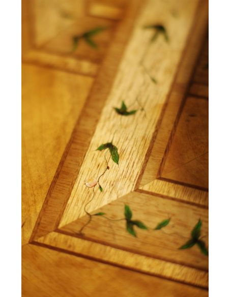Foyer and Center Tables Marquetry veneered table with hand painted floral detail