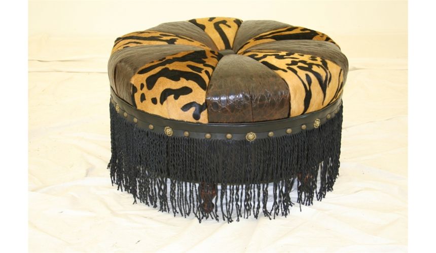 Luxury Leather & Upholstered Furniture Crazy-Wild-One-Round-Ottoman. Tiger Gator Combo