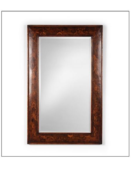 Rectangular mirror frame with oysters cut into fish scale pattern. Plain beveled mirror.
