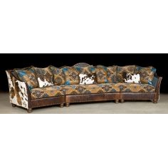 Luxury Leather & Upholstered Furniture Pony and teal blue sectional sofa, couch. Leather patchwork