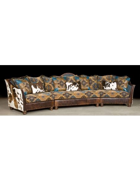 Pony and teal blue sectional sofa, couch. Leather patchwork