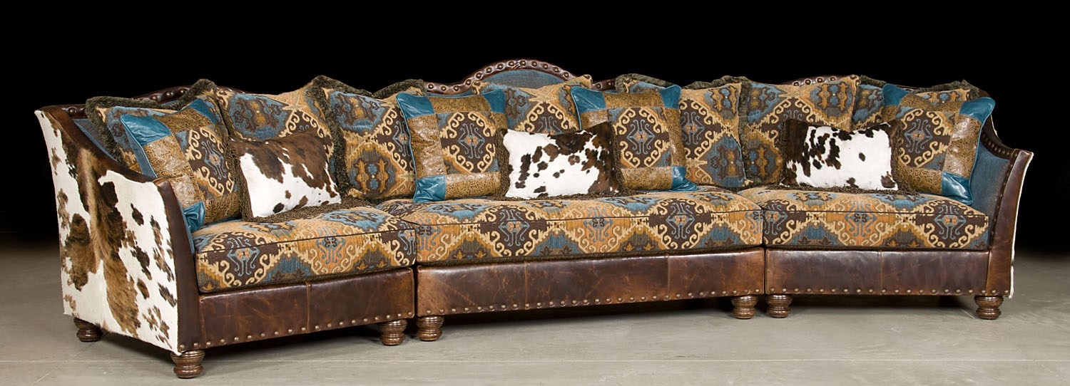 Luxury Leather & Upholstered Furniture Pony and teal blue sectional sofa, couch. Leather patchwork