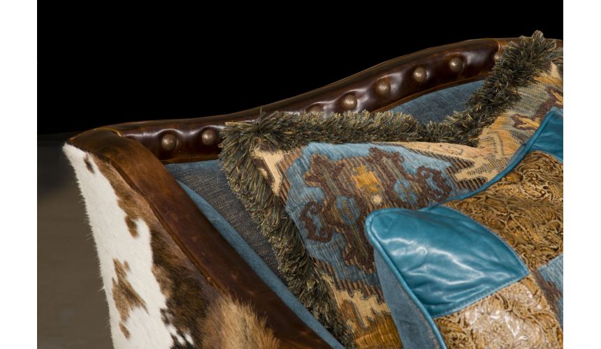 Luxury Leather & Upholstered Furniture Pony and teal blue sectional sofa, couch. Leather patchwork