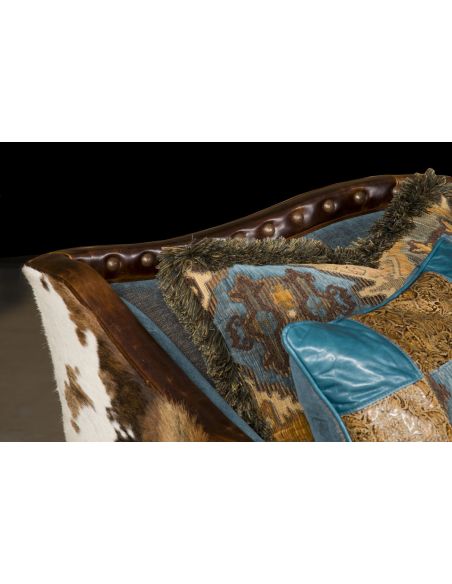 Luxury Leather & Upholstered Furniture Pony and teal blue sectional sofa, couch. Leather patchwork