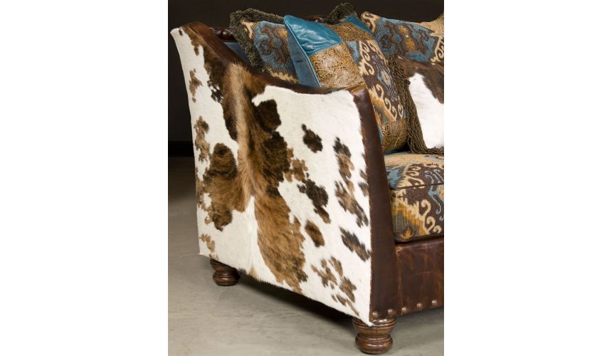 Luxury Leather & Upholstered Furniture Pony and teal blue sectional sofa, couch. Leather patchwork