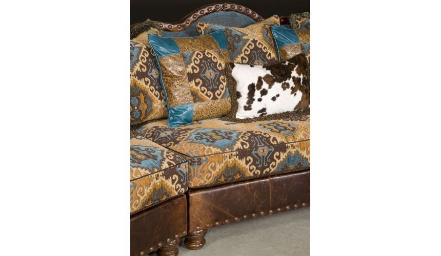 Luxury Leather & Upholstered Furniture Pony and teal blue sectional sofa, couch. Leather patchwork