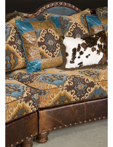 Luxury Leather & Upholstered Furniture Pony and teal blue sectional sofa, couch. Leather patchwork